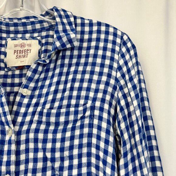 SO Womens Long Sleeve Button Down Blue/White Check Perfect Shirt Relaxed Fit S - Picture 3 of 8